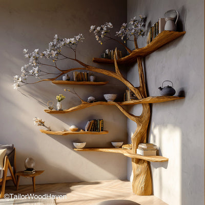 Corner Tree Shelf Freestanding or Wall Mounted Tree Inspired Corner Shelf for Books, Plants, and Decor