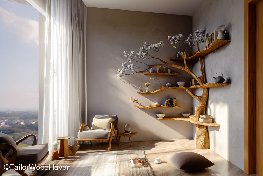 Corner Tree Shelf Freestanding or Wall Mounted Tree Inspired Corner Shelf for Books, Plants, and Decor