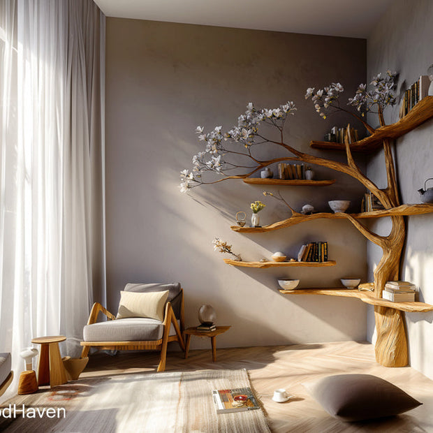 Corner Tree Shelf Freestanding or Wall Mounted Tree Inspired Corner Shelf for Books, Plants, and Decor