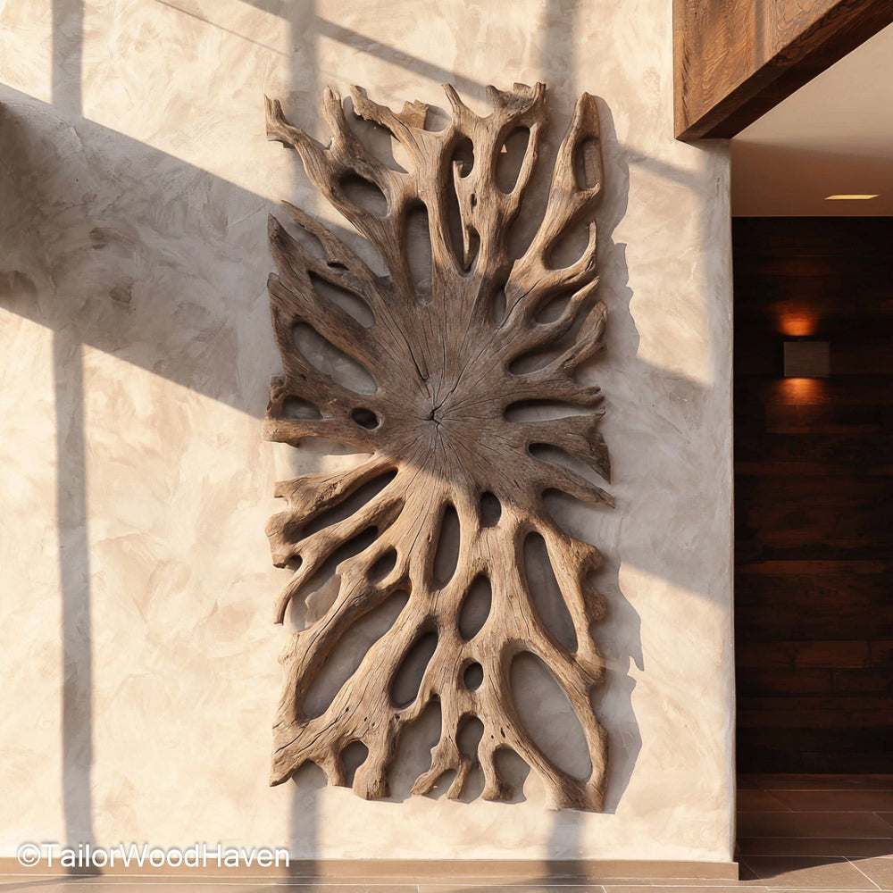 Driftwood Wall Art Ideas brought to life with layered pieces of driftwood in geometric or organic layouts, offering a rustic and creative wall statement