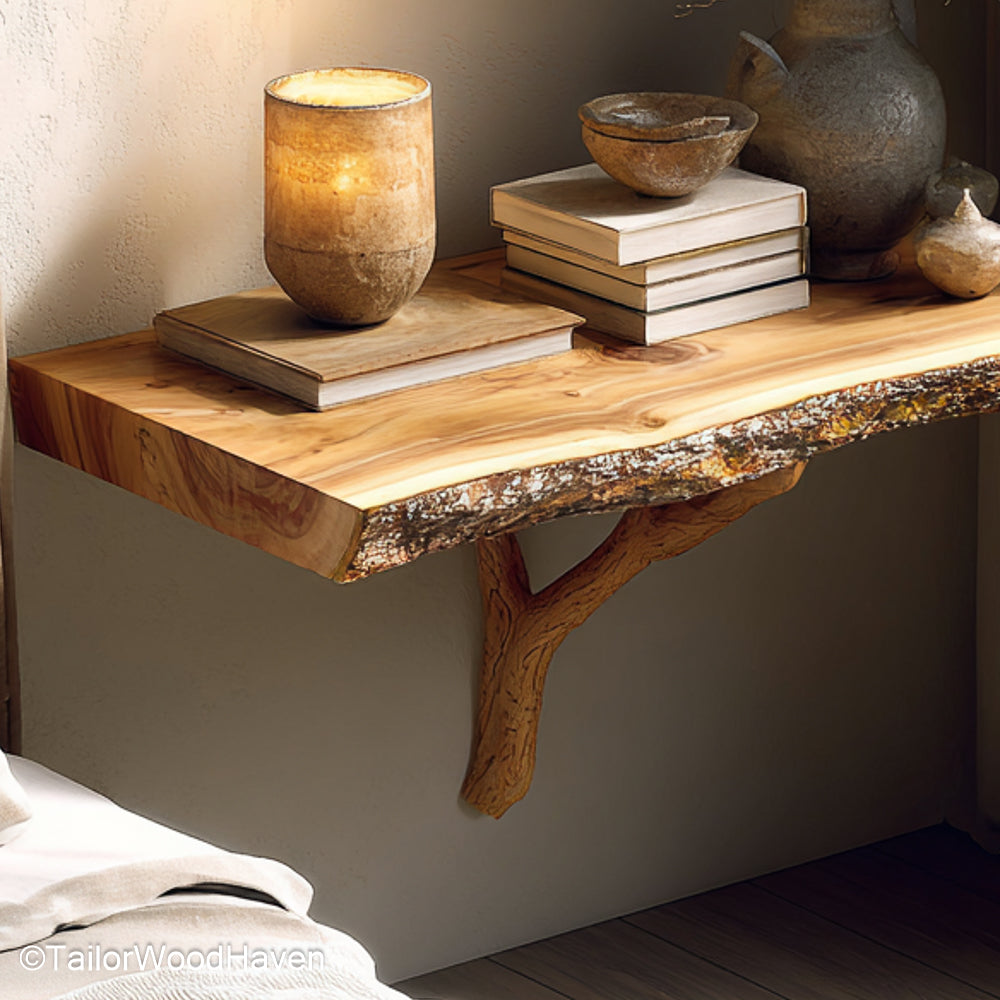 Wall mounted small bedside table made from solid timber with a compact floating structure, perfect for tight rooms and low profile bed setups