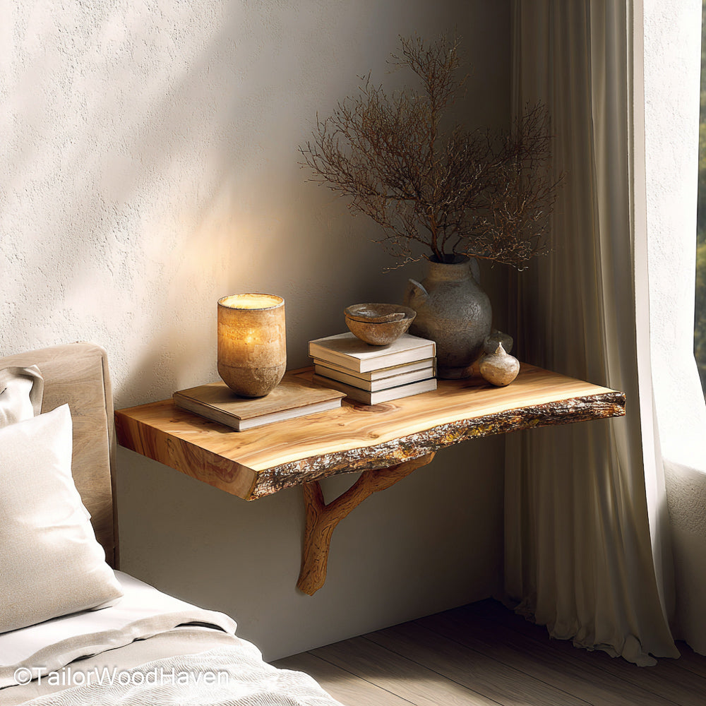 Wall mounted small bedside table made from solid timber with a compact floating structure, perfect for tight rooms and low profile bed setups
