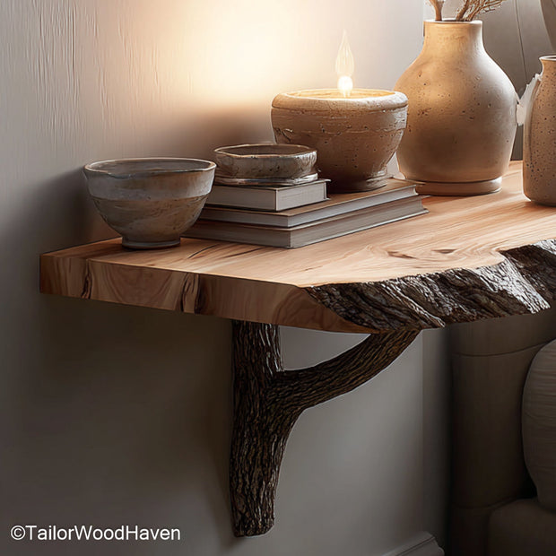 Floating Nightstand Table designed in hardwood with natural grain and bracket free look, perfect for rustic or modern wall mounted storage