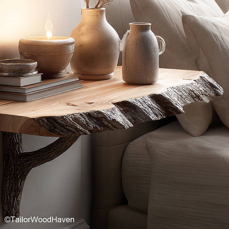 Floating Nightstand Table designed in hardwood with natural grain and bracket free look, perfect for rustic or modern wall mounted storage