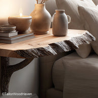 Floating Nightstand Table designed in hardwood with natural grain and bracket free look, perfect for rustic or modern wall mounted storage