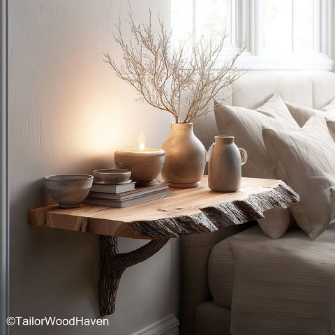 Floating Nightstand Table designed in hardwood with natural grain and bracket free look, perfect for rustic or modern wall mounted storage