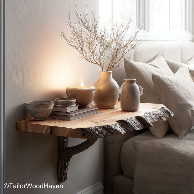 Floating Nightstand Table designed in hardwood with natural grain and bracket free look, perfect for rustic or modern wall mounted storage