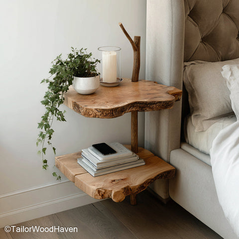 Floating Side Table for Bed crafted with a slim wall mounted form and real wood surface, perfect for bedside function in modern or rustic settings