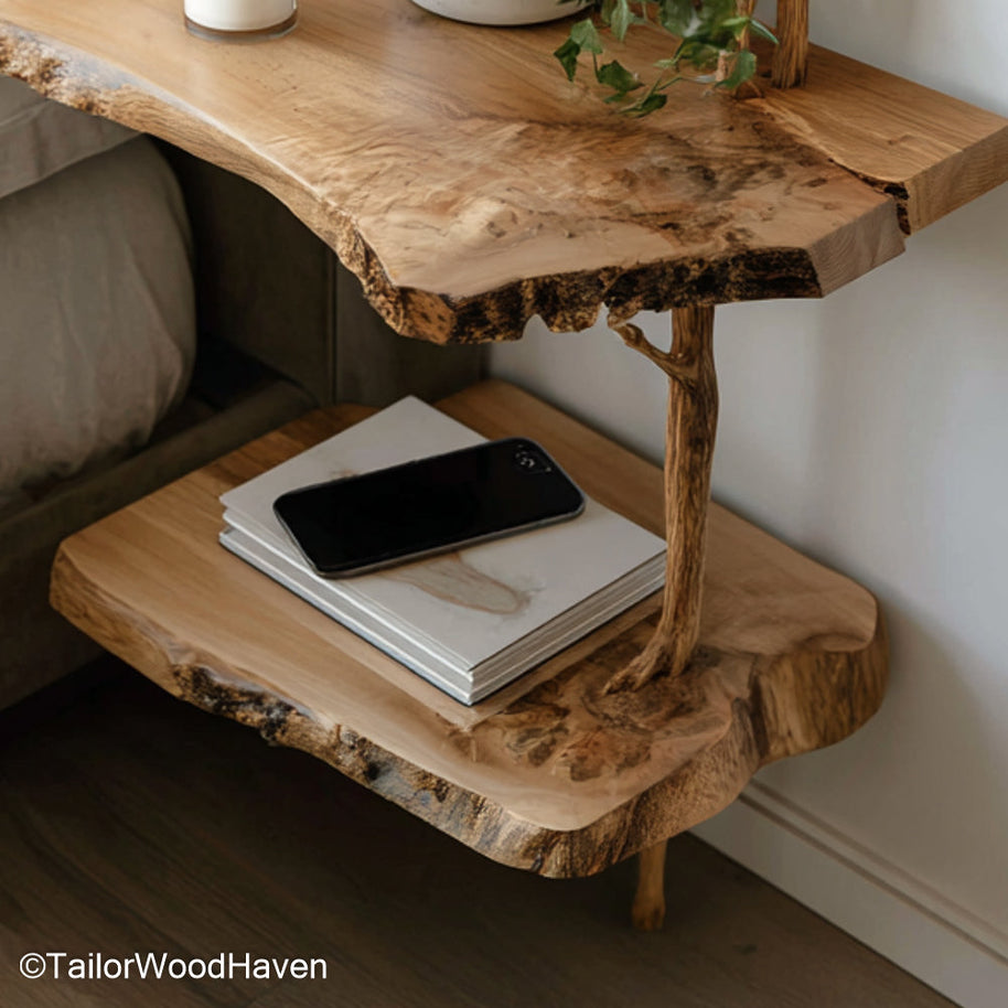 Floating nightstand oak crafted from natural oak with a clean wall mounted form and soft grain, perfect for rustic or mid century bedroom interiors