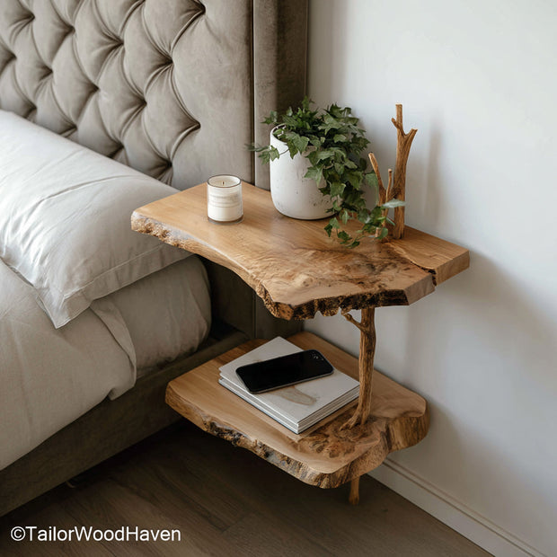 Floating nightstand oak crafted from natural oak with a clean wall mounted form and soft grain, perfect for rustic or mid century bedroom interiors