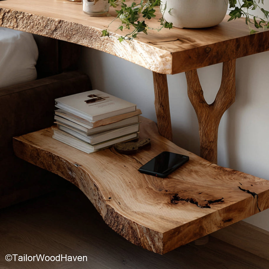Wall Nightstand Shelf built with solid timber in a floating shelf format, ideal for space saving bedside storage in modern or compact bedrooms