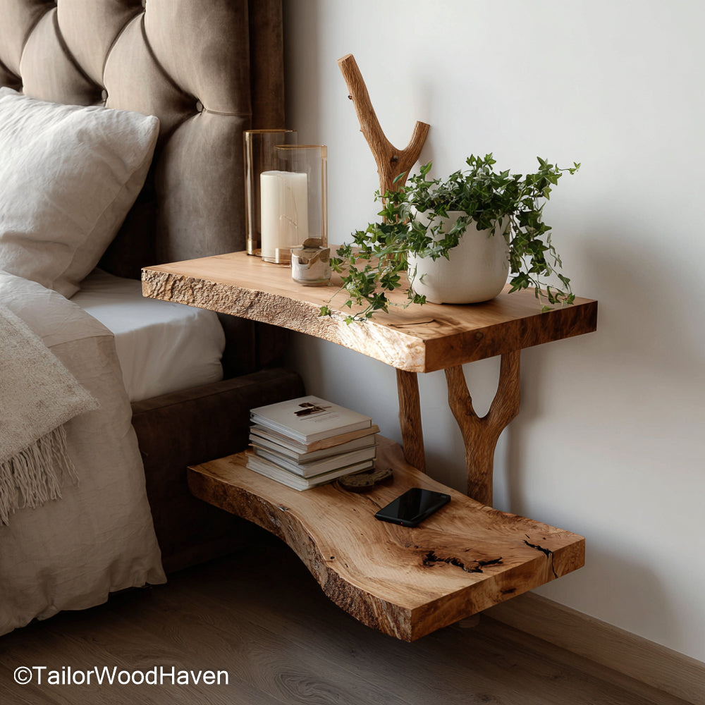 Wall Nightstand Shelf built with solid timber in a floating shelf format, ideal for space saving bedside storage in modern or compact bedrooms