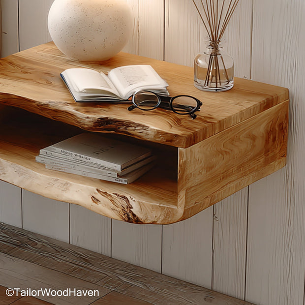 Floating bedside table the range built from solid wood with a clean silhouette and compact floating design, ideal for full bedroom style coverage