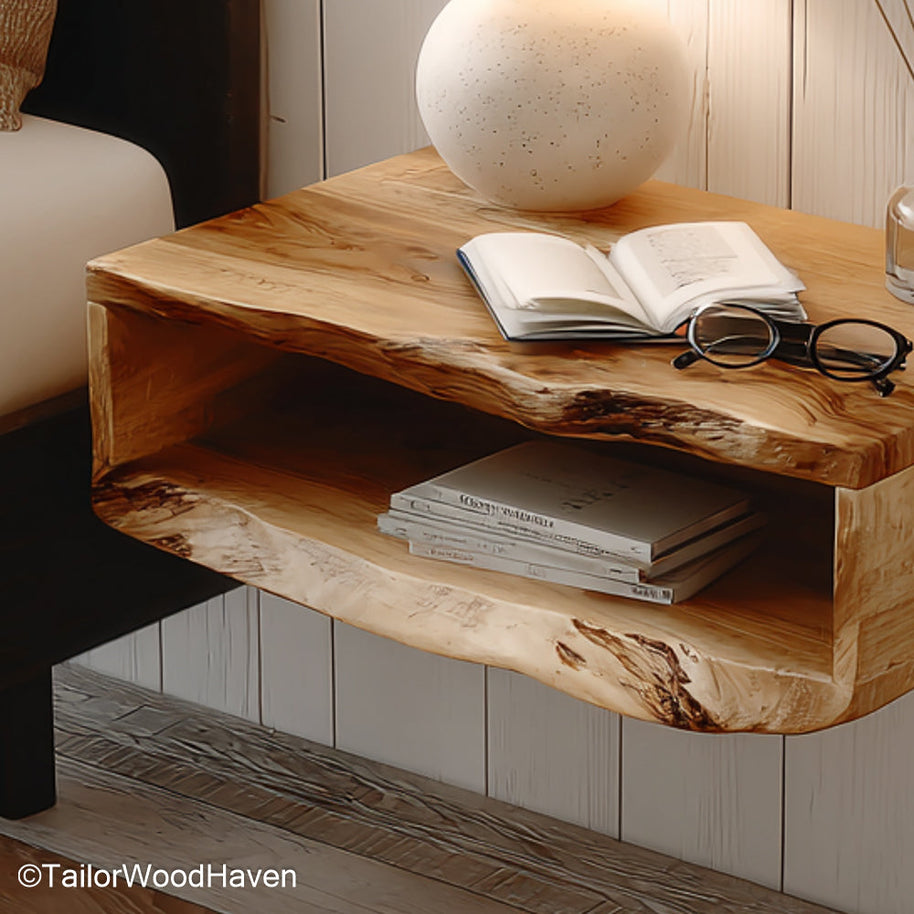 Floating bedside table the range built from solid wood with a clean silhouette and compact floating design, ideal for full bedroom style coverage