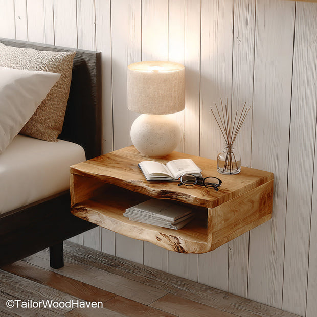 Floating bedside table the range built from solid wood with a clean silhouette and compact floating design, ideal for full bedroom style coverage