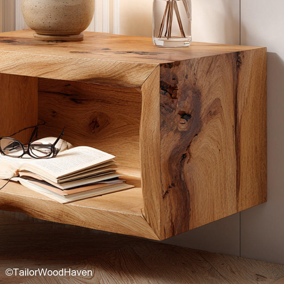 Floating bedside table narrow designed for tight layouts with a slim profile and hidden wall support, made from hardwood with natural grain