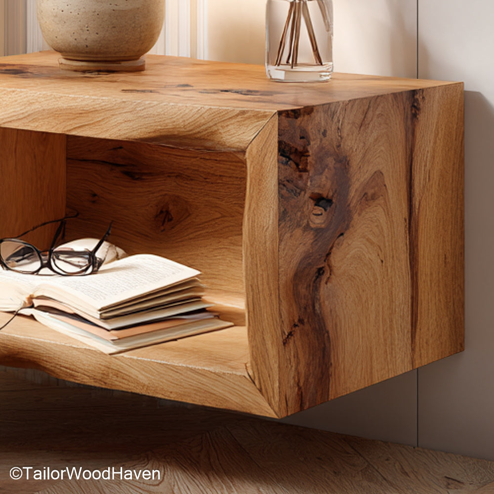 Floating bedside table narrow designed for tight layouts with a slim profile and hidden wall support, made from hardwood with natural grain