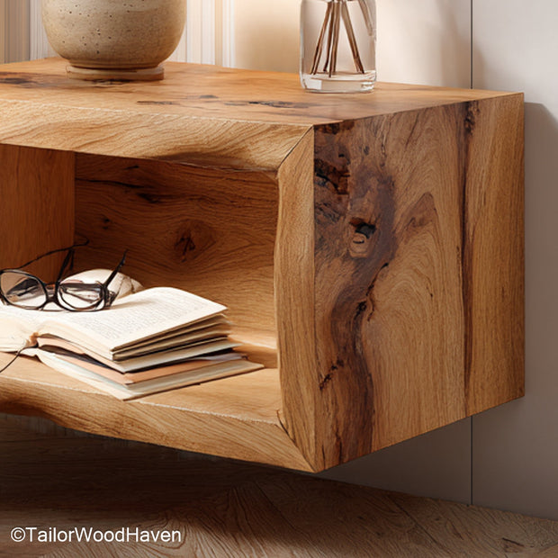 Floating bedside table narrow designed for tight layouts with a slim profile and hidden wall support, made from hardwood with natural grain
