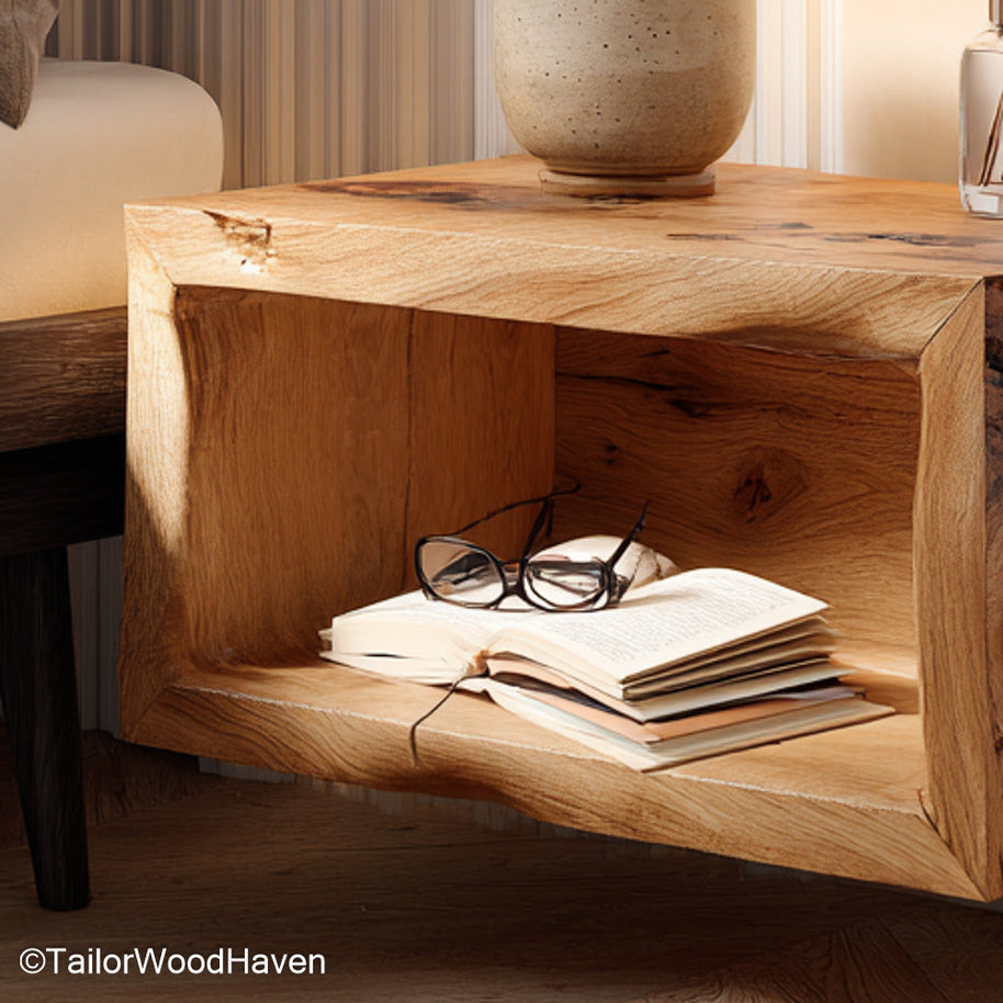 Floating bedside table narrow designed for tight layouts with a slim profile and hidden wall support, made from hardwood with natural grain
