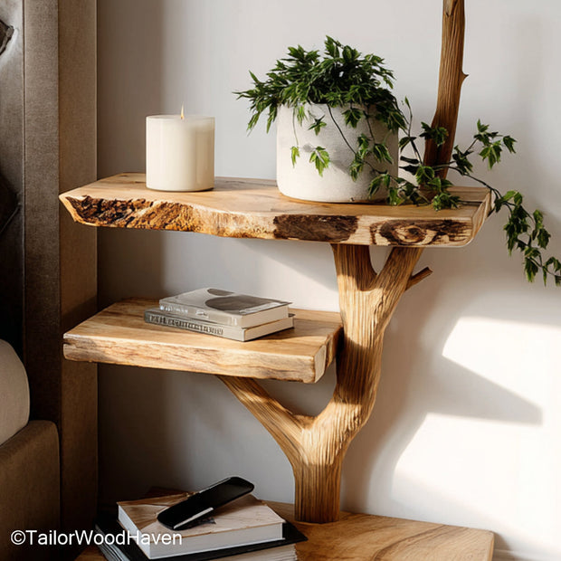 Bedside table for floating bed designed for seamless pairing with floating bed frames, made from wood with a low profile and floating structure