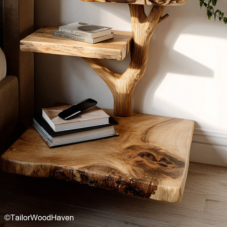 Bedside table for floating bed designed for seamless pairing with floating bed frames, made from wood with a low profile and floating structure