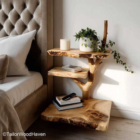 Bedside table for floating bed designed for seamless pairing with floating bed frames, made from wood with a low profile and floating structure