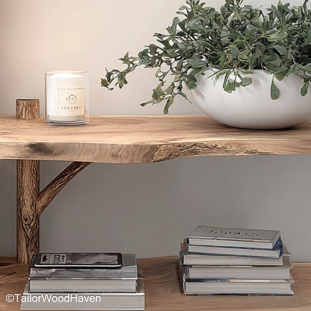 Floating bedside table pair handcrafted matching wall mounted pieces in solid wood, ideal for use on both sides of the bed in symmetrical setups