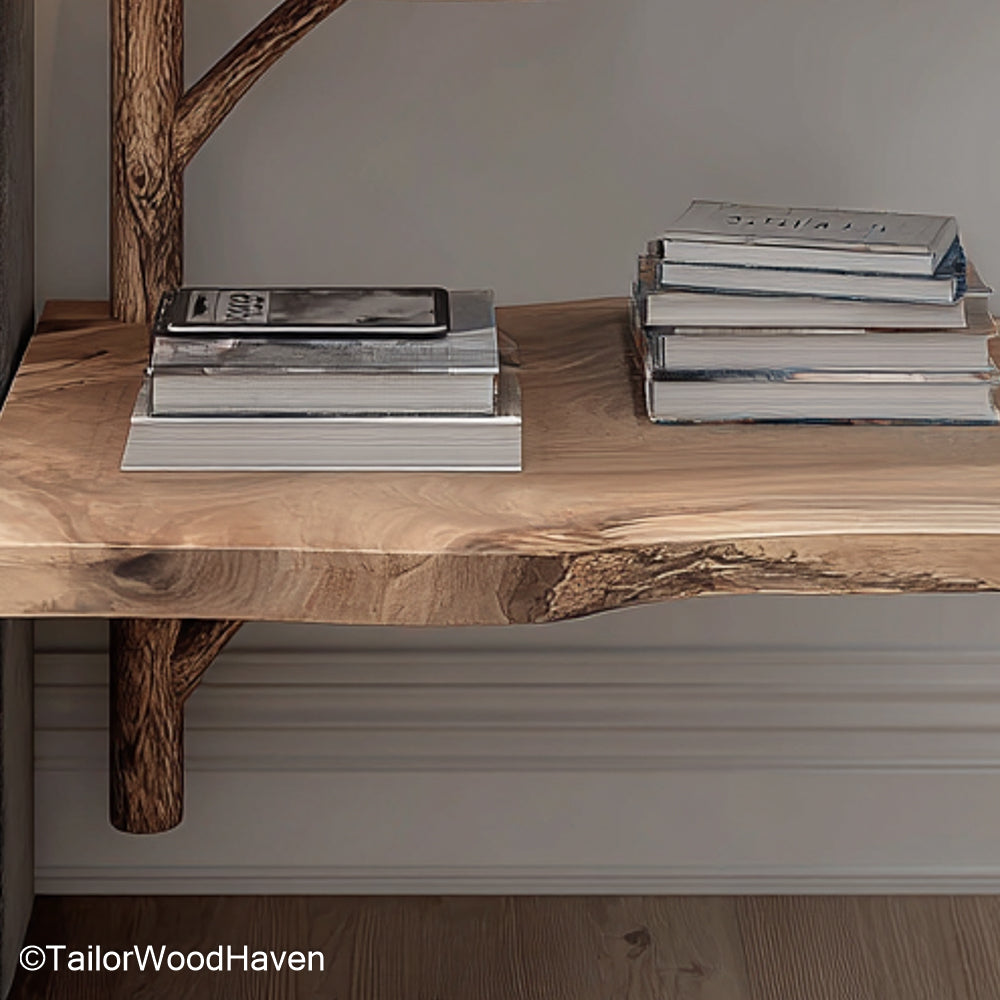 Floating bedside table pair handcrafted matching wall mounted pieces in solid wood, ideal for use on both sides of the bed in symmetrical setups