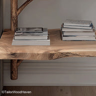 Floating bedside table pair handcrafted matching wall mounted pieces in solid wood, ideal for use on both sides of the bed in symmetrical setups