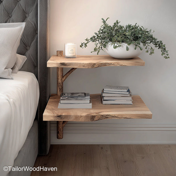 Floating bedside table pair handcrafted matching wall mounted pieces in solid wood, ideal for use on both sides of the bed in symmetrical setups