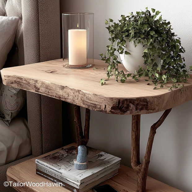 Floating bedside table natural crafted in real wood with soft finish and natural grain, offering warmth and simplicity for modern minimalist bedrooms