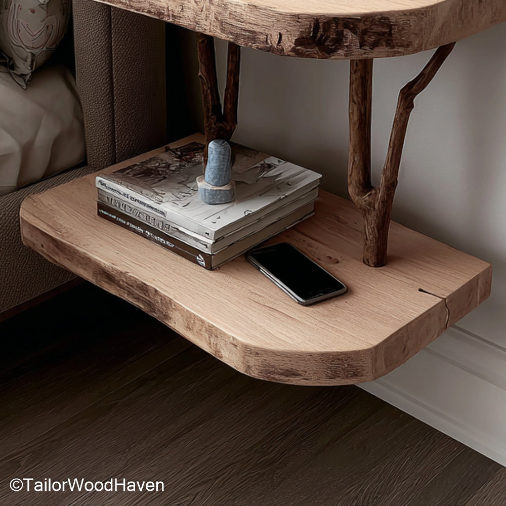 Floating bedside table natural crafted in real wood with soft finish and natural grain, offering warmth and simplicity for modern minimalist bedrooms