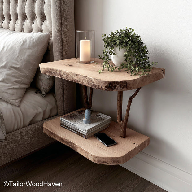 Floating bedside table natural crafted in real wood with soft finish and natural grain, offering warmth and simplicity for modern minimalist bedrooms