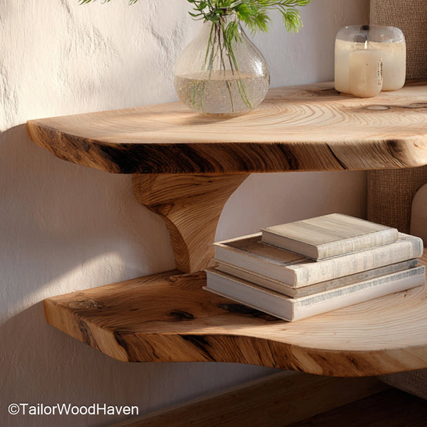 Floating bedside table rustic made from timber with visible wood grain and raw finish, bringing rustic character to modern wall mounted bedroom storage