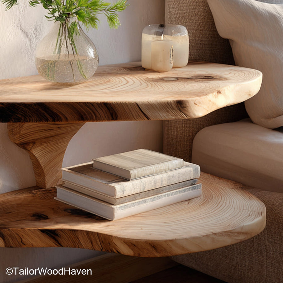 Floating bedside table rustic made from timber with visible wood grain and raw finish, bringing rustic character to modern wall mounted bedroom storage