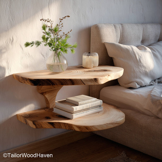 Floating bedside table rustic made from timber with visible wood grain and raw finish, bringing rustic character to modern wall mounted bedroom storage