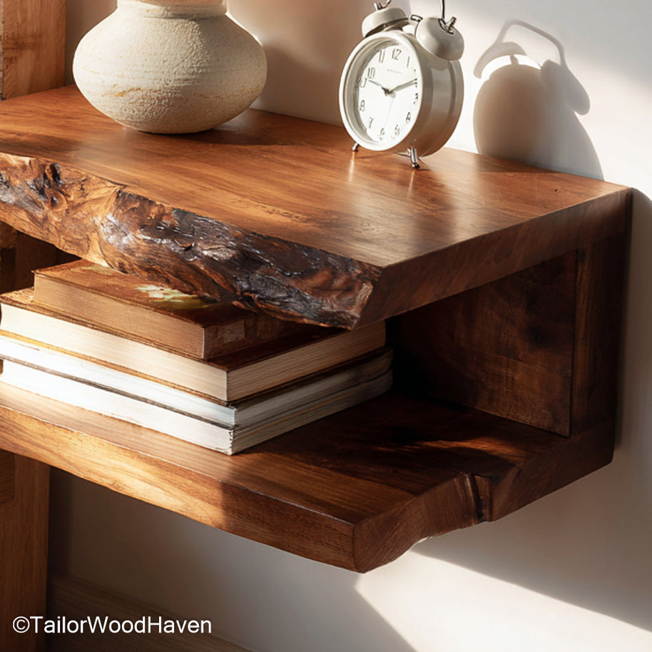 Floating bedside table dark wood crafted from deep toned hardwood with floating structure and warm texture, ideal for moody modern interiors