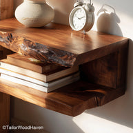 Floating bedside table dark wood crafted from deep toned hardwood with floating structure and warm texture, ideal for moody modern interiors