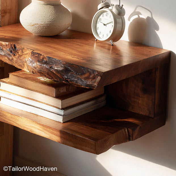 Floating bedside table dark wood crafted from deep toned hardwood with floating structure and warm texture, ideal for moody modern interiors