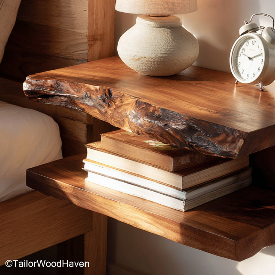 Floating bedside table dark wood crafted from deep toned hardwood with floating structure and warm texture, ideal for moody modern interiors