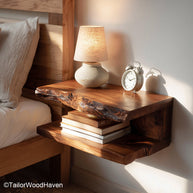 Floating bedside table dark wood crafted from deep toned hardwood with floating structure and warm texture, ideal for moody modern interiors