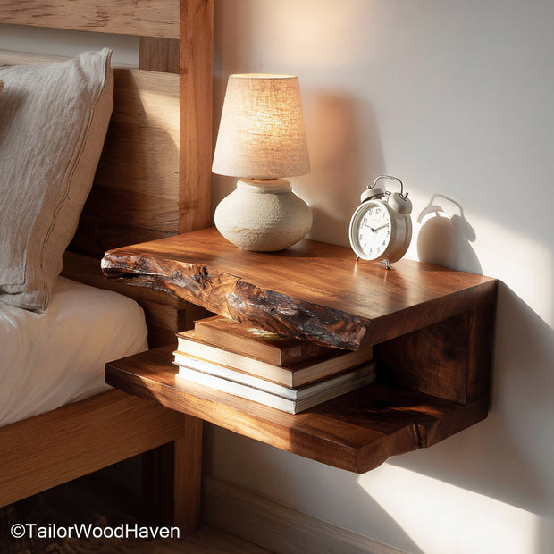 Floating bedside table dark wood crafted from deep toned hardwood with floating structure and warm texture, ideal for moody modern interiors