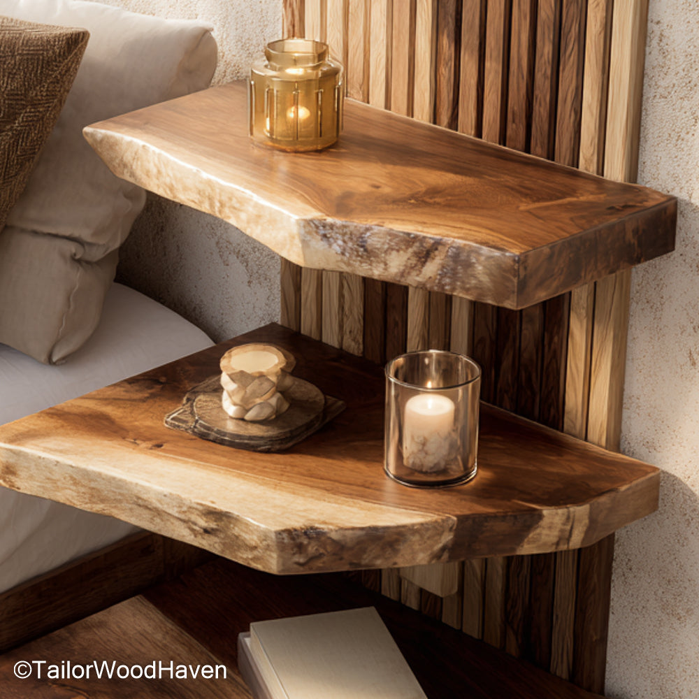 Dark brown floating bedside table crafted from deep stained hardwood with a clean wall mounted frame, adding elegance to modern bedroom layouts