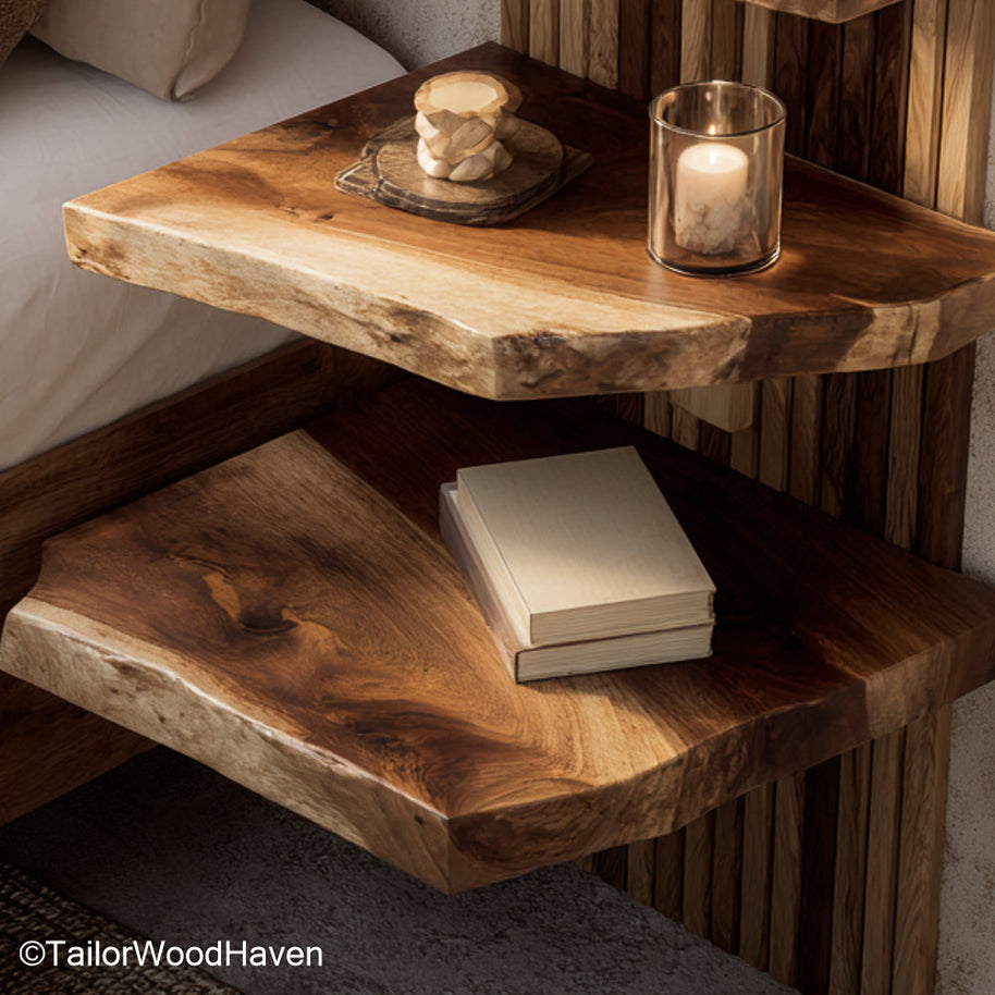 Dark brown floating bedside table crafted from deep stained hardwood with a clean wall mounted frame, adding elegance to modern bedroom layouts