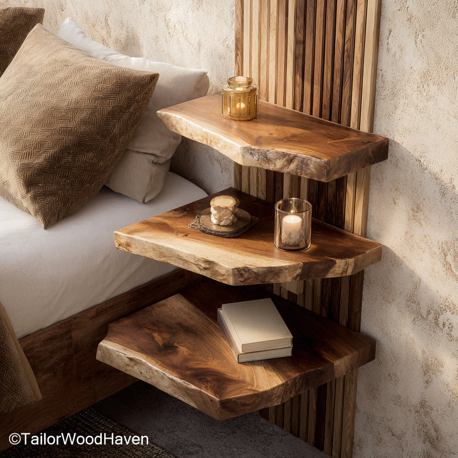 Dark brown floating bedside table crafted from deep stained hardwood with a clean wall mounted frame, adding elegance to modern bedroom layouts