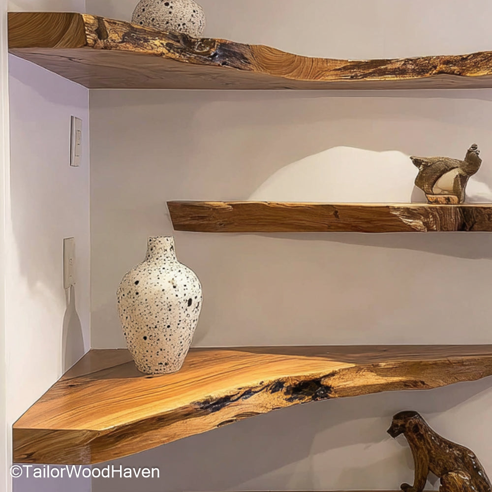 Floating shelves for corners in L shaped design to maximize wall space, ideal for small rooms, nooks, or bathroom storage