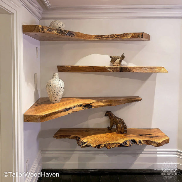 Floating shelves for corners in L shaped design to maximize wall space, ideal for small rooms, nooks, or bathroom storage