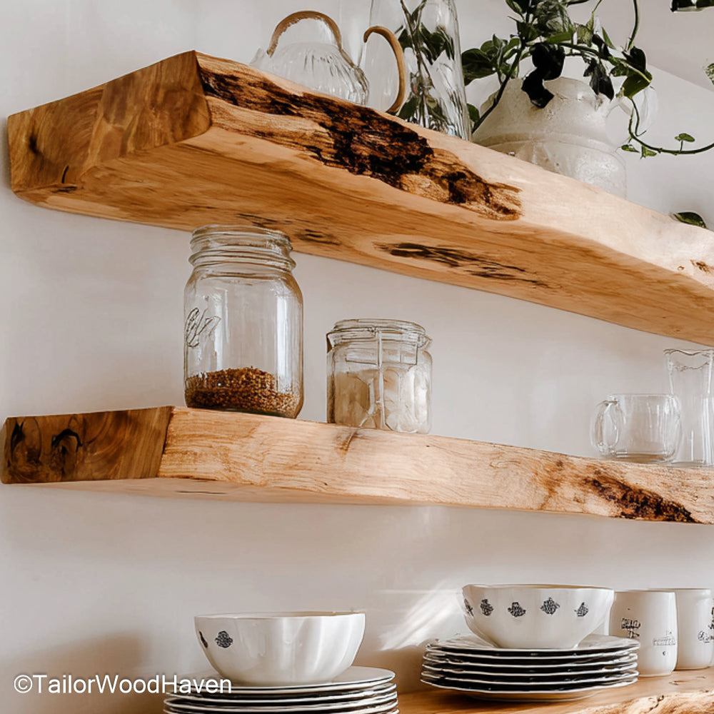Floating rustic wood shelves built from reclaimed timber with raw texture and floating mount, ideal for kitchen walls or rustic living rooms