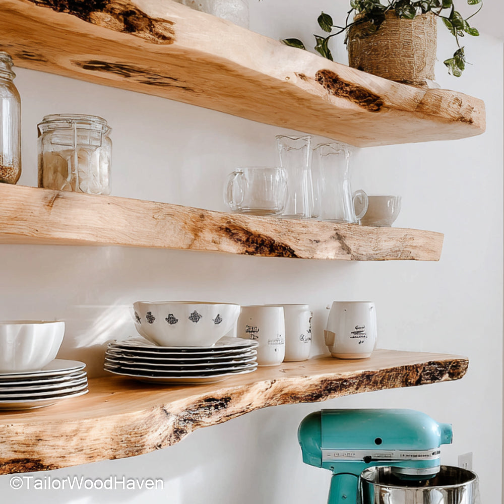 Floating rustic wood shelves built from reclaimed timber with raw texture and floating mount, ideal for kitchen walls or rustic living rooms