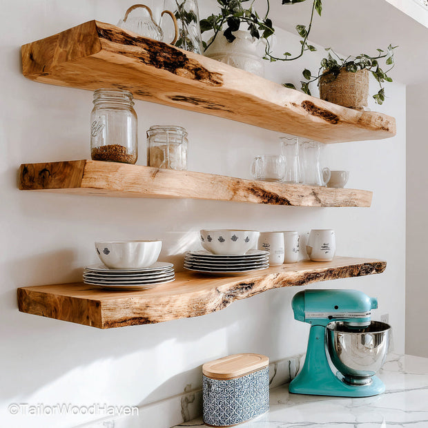 Floating rustic wood shelves built from reclaimed timber with raw texture and floating mount, ideal for kitchen walls or rustic living rooms
